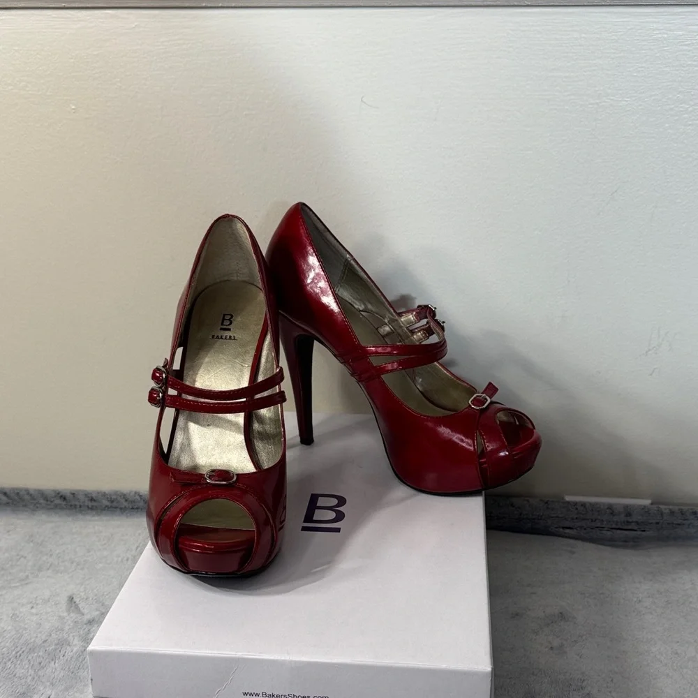 Bakers “Kristine” Red Patent Leather Peep Toe Stiletto Heels - Size 7